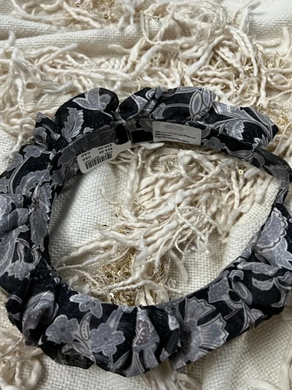 Anthropologie Black Floral Embellished Pearl Ruffle Headband New